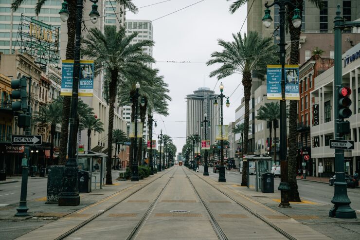Canal Street near the French Quarter neighborhood of New Orleans, Louisiana, U.S., on Tuesday, Feb. 16, 2021. Since 1857, Mardi Gras celebrations in New Orleans have been called off only 14 times, because of war, mob violence, or labor disputes. Not even the last great pandemic could quell the street parades. Mark the history books: This year will be the 15th. Photographer: Bryan Tarnowski/Bloomberg