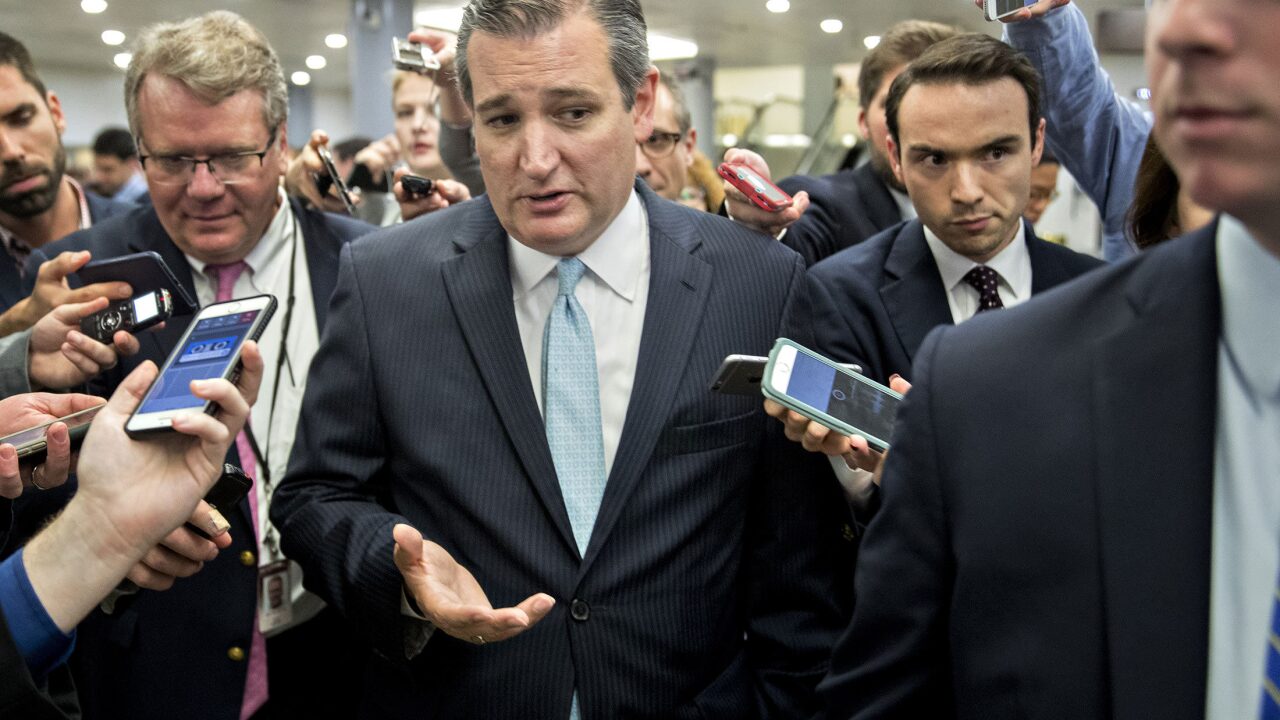 Senator Ted Cruz, a Republican from Texas, speaks to members of the media in the basement of the U.S. Capitol.