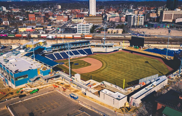 Aerial view of Polar Park baseball stadium in Worcester, Massachusetts