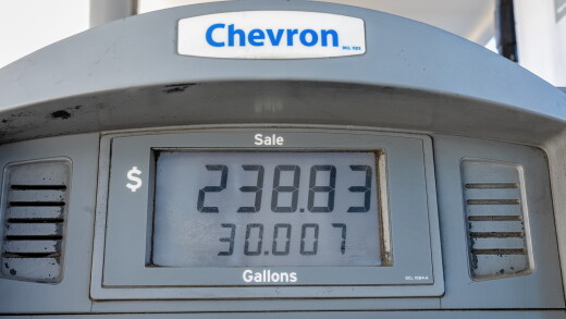 A picture of a fuel pump displaying $238.83 for 30 gallons of diesel fuel at a Chevron truck stop in Tracy, California.