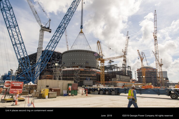 A second containment ring is placed on one of two new nuclear reactors under construction at Georgia’s Plant Vogtle in June 2019.