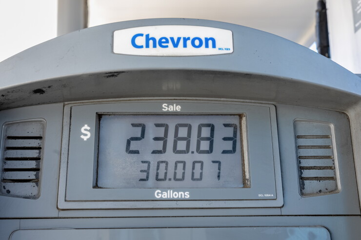 A picture of a fuel pump displaying $238.83 for 30 gallons of diesel fuel at a Chevron truck stop in Tracy, California.