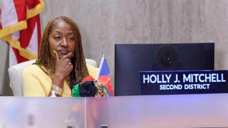 Los Angeles County Supervisor Holly Mitchell listens to the county executive's report on supplemental budget pressures.