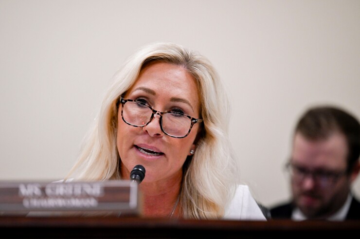 Representative Marjorie Taylor Greene, a Republican from Georgia and chair of the House Oversight Subcommittee on Delivering on Government Efficiency (DOGE), during a hearing in Washington, D.C.