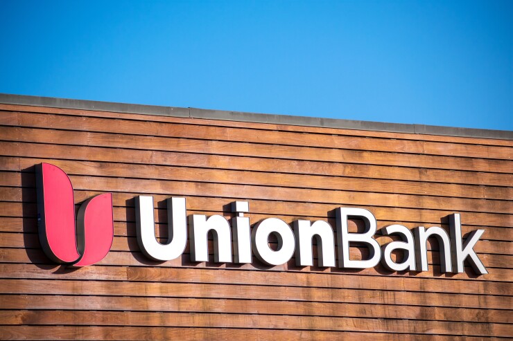 Union Bank sign, logo on the branch facade of a full service bank. - San Jose, California, USA - 2021