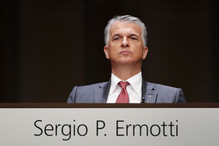 Sergio Ermotti, chief executive officer of UBS Group AG, looks on during the bank's annual general meeting in Basel, Switzerland, on Thursday, May 2, 2019. UBS said earlier this year that it would slow hiring and deepen cost cuts during one of the worst first quarters in recent history, which forced the bank to cut an additional $300 million in costs. Photographer: Stefan Wermuth/Bloomberg