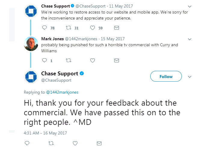 Snarky tweets between Chase and customers following outage in May