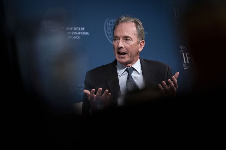 James Gorman, chairman and chief executive officer of Morgan Stanley, speaks during the Institute of International Finance annual membership meeting in Washington on Oct. 18, 2019.