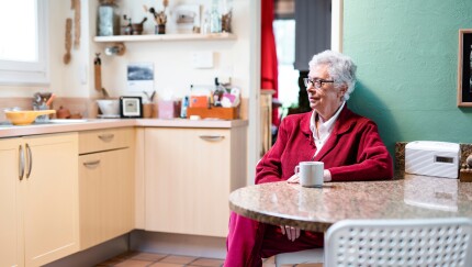 Portrait of a stylish senior woman sitting in her kitchen