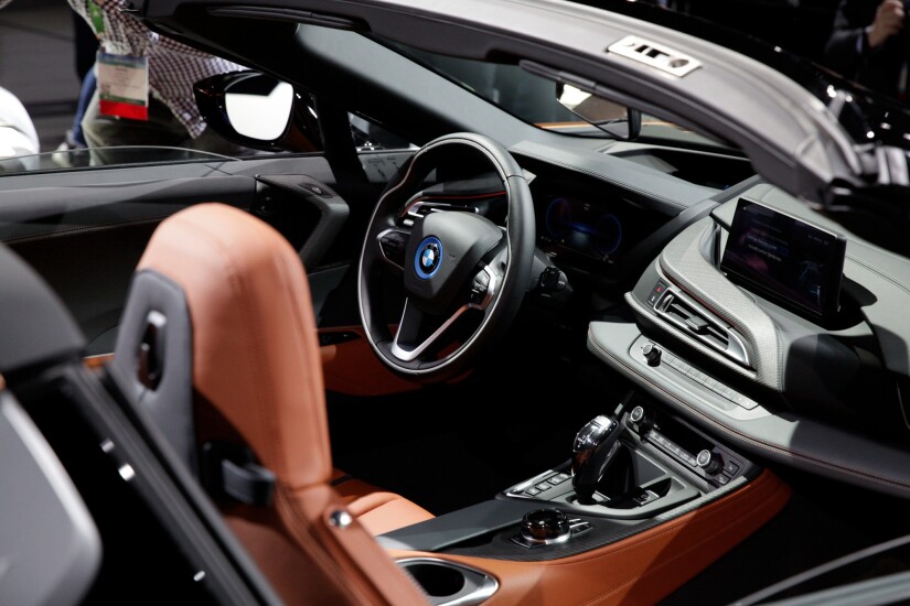 The interior of a 2018 Bayerische Motoren Werke AG (BMW) i8 Roadster plug-in hybrid vehicle