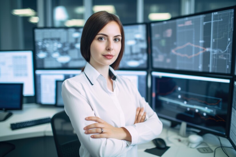 Portrait of a dedicated and meticulous compliance officer in a busy finance office, focused on analyzing complex data and ensuring regulatory compliance, generative ai