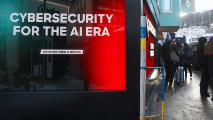 A picture of a sign that reads "cybersecurity for the AI era" from Crowdstrike at Davos.