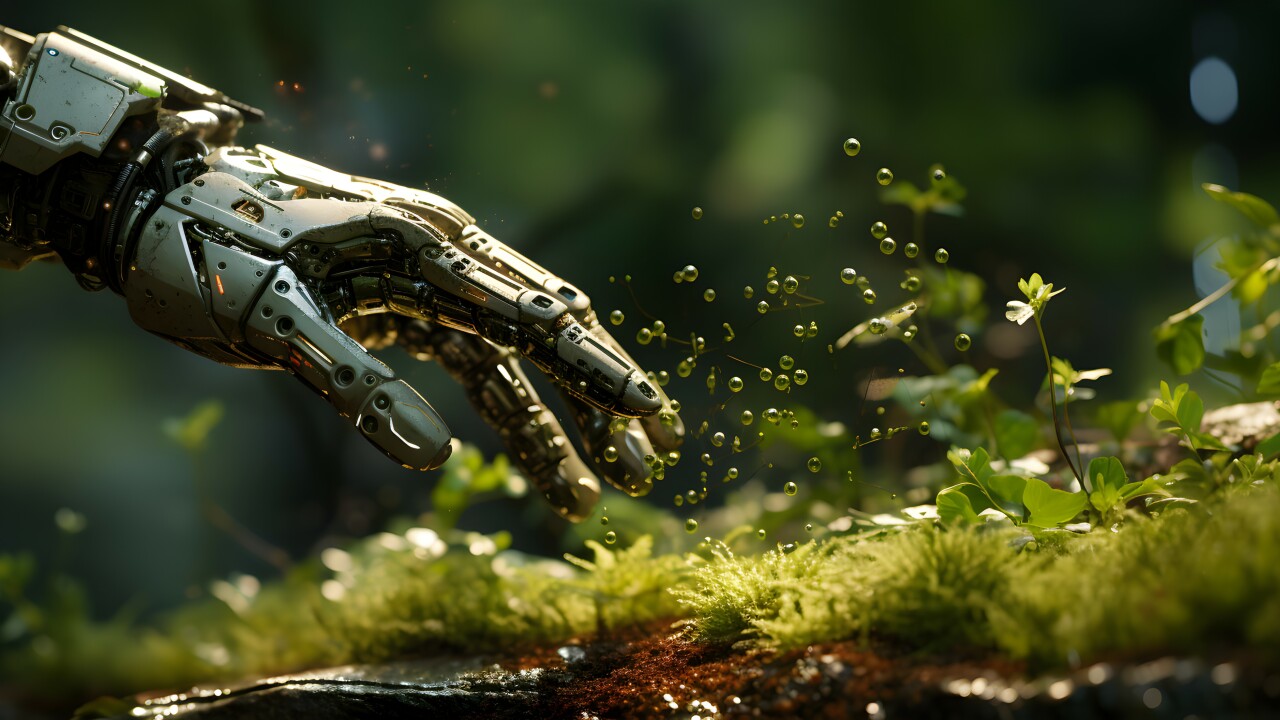Robot hand disturbing green moss in a forest floor