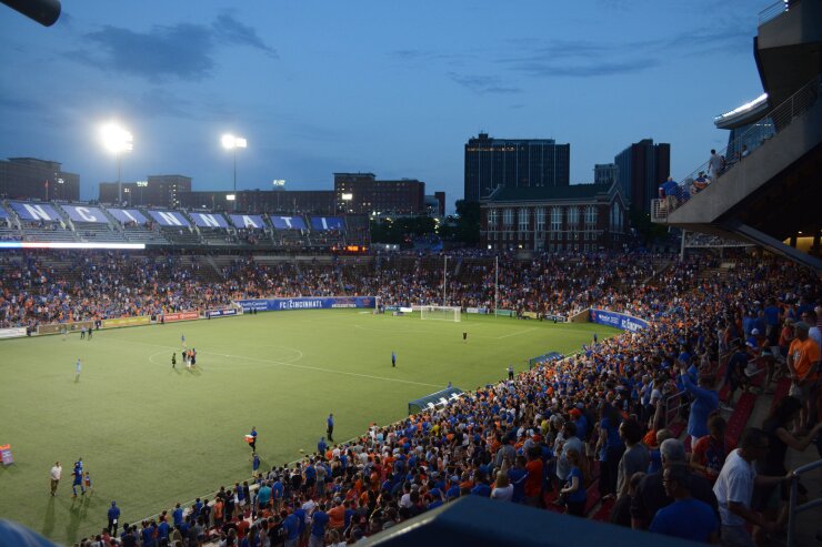 An FC Cincinnati home soccer game at Nippert Stadium in June 2017.