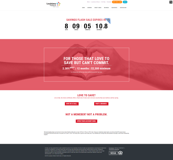 The landing page and ticker for Louisiana FCU's flash sale on deposits