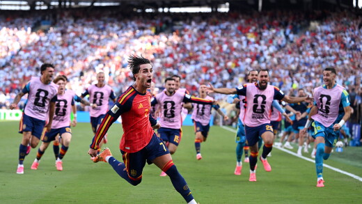 Ferran Torres, #7 of Spain, celebrates scoring his team's first goal during the FIFA World Cup 2026 Final match between Spain and Argentina.