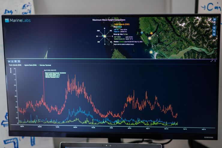 Historical data sea state reports from deployed buoys on a screen at the Marine Labs headquarters in Victoria, British Columbia, Canada, on Monday, Sept. 12, 2022. MarineLabs' CoastAware provides data from a network of 26 sensor buoys strategically placed on coastlines and in oceans around North America. Photographer: James MacDonald/Bloomberg