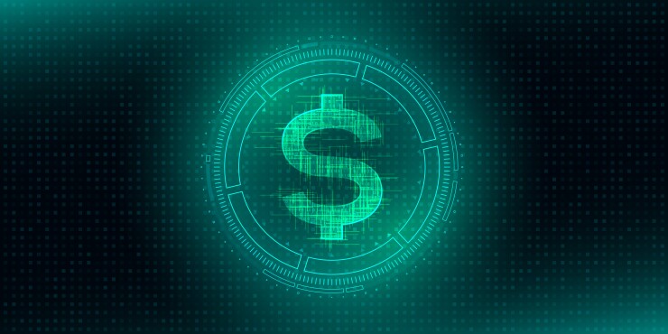 Digital currency USA dollar sign on abstract HUD technology background. Futuristic hi-tech digital money.Electronic economy of the future. Vector