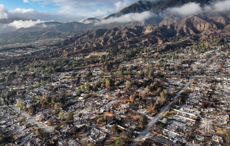 An aerial view of homes that burned in the Eaton Fire in Altadena, California.