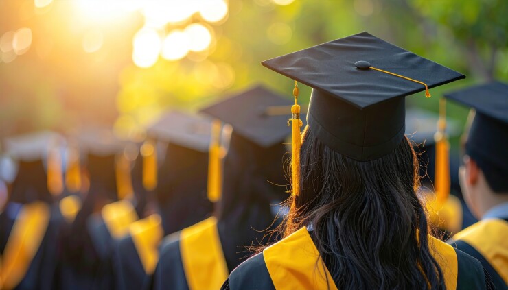 A group of graduates in caps and gowns walk into a bright, sunlit future, symbolizing achievement and new beginnings in academia.