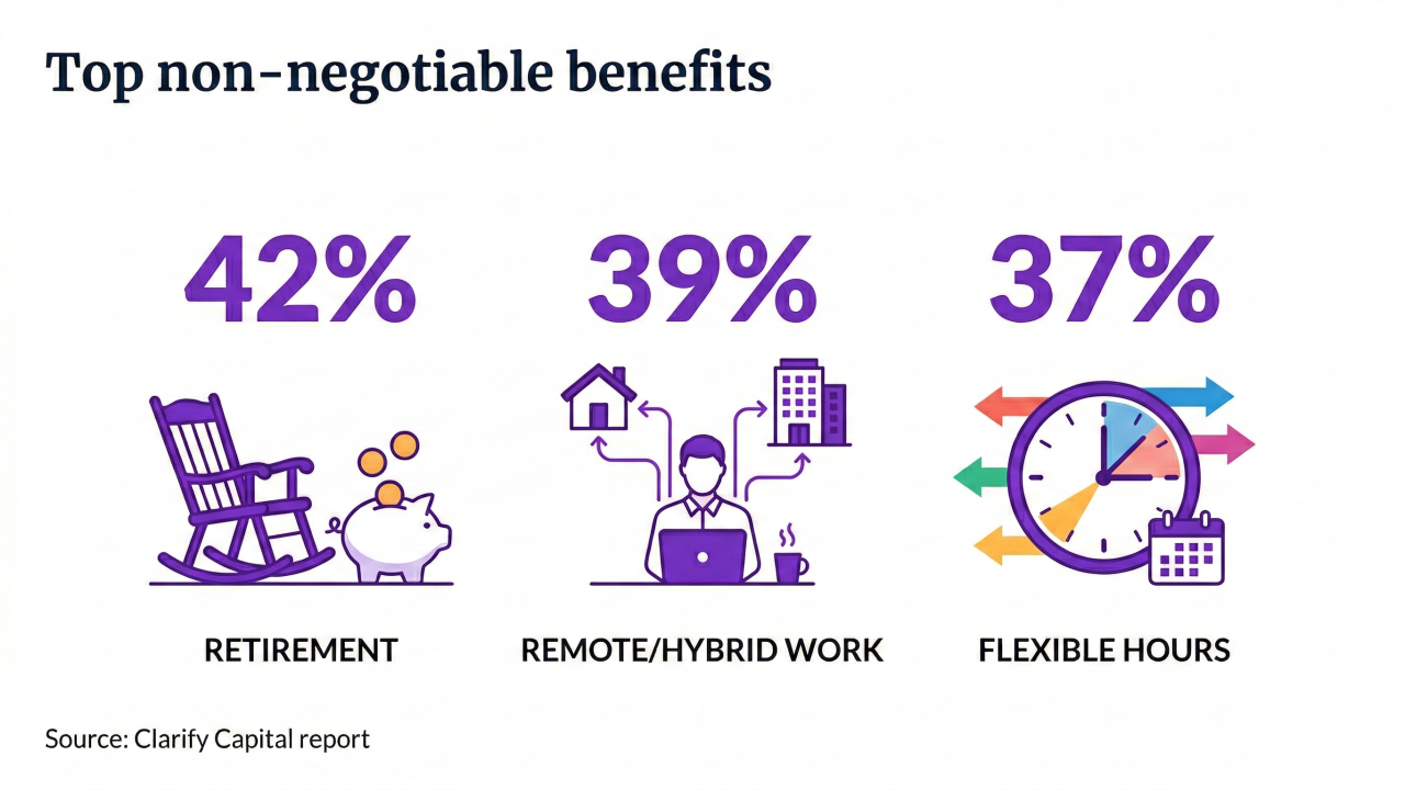 Infographic showing top non-negotiable employee benefits: 42% Retirement, 39% Remote/Hybrid Work, 37% Flexible Hours.