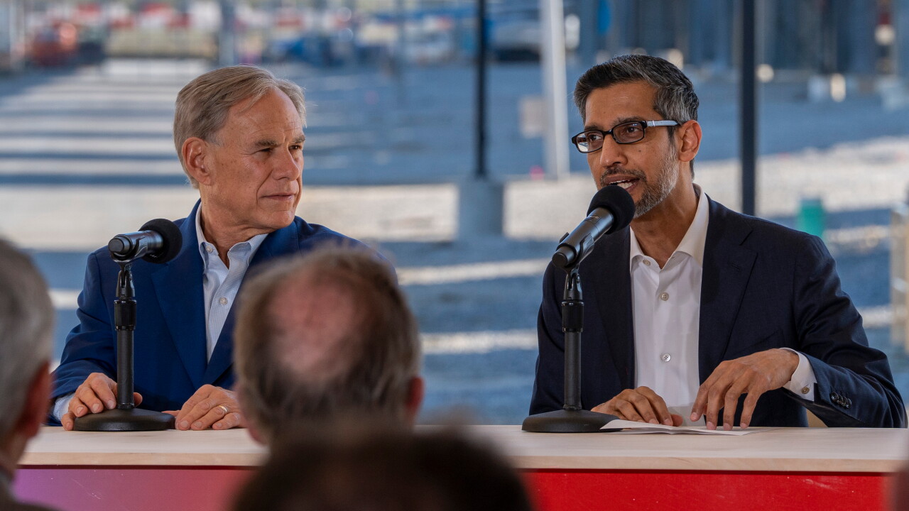 Texas Gov. Greg Abbott and Alphabet CEO Sundar Pichai in Midlothian, Texas, on Nov. 14