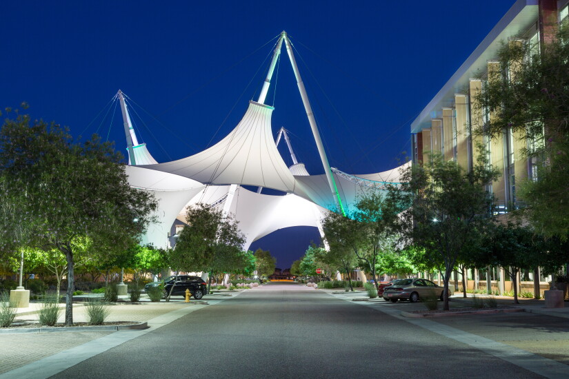 Scottsdale, Arizona USA - April 8, 2015: Scottsdale landmark Skysong courtyard and shade structure photographed in the evening.
