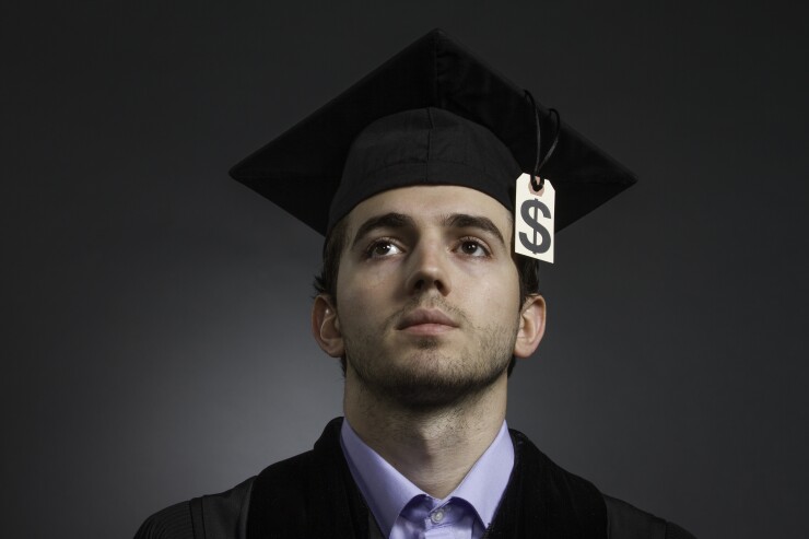 Student lending (man in graduation cap that has a price tag hanging from it)