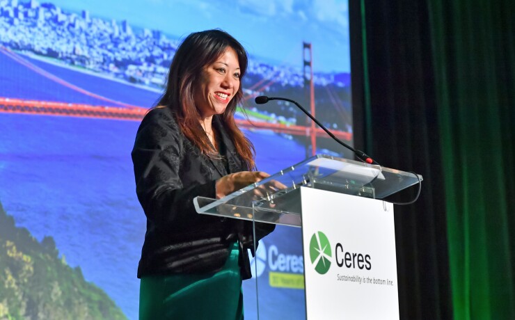 California State Treasurer Fiona Ma speaks at the Ceres sustainability conference in San Francisco on April 30, 2019.