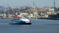 A Vallejo, California, ferry with the city's Mare Island in the background.