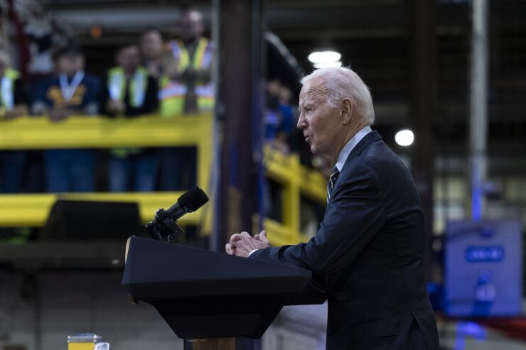 President Joe Biden announces $16.4 billion for rail infrastructure projects along Amtrak's Northeast Corridor in a speech Monday at an Amtrak facility in Bear, Delaware.