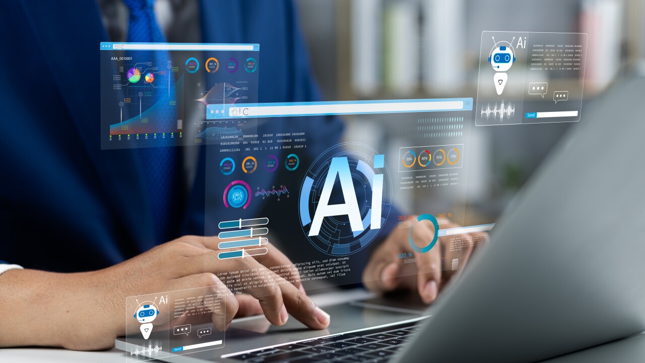 Man typing on laptop with projected virtual display about AI