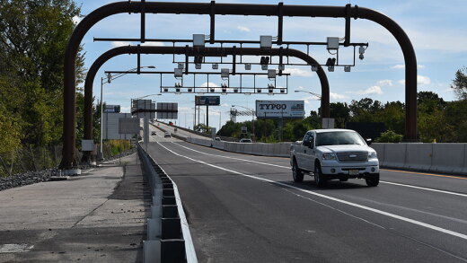 Pickup drives through automated toll cameras on the Pennsylvania Turnpike