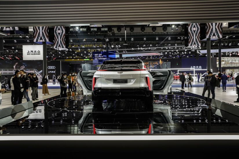 The General Motors Co. (GM) Cadillac Lyriq concept electric vehicle at the Auto Shanghai 2021 show in Shanghai, China, on Tuesday, April 20, 2021. The Shanghai International Automobile Industry Exhibition kicked off on Monday in Chinas financial hub, a multiday event aimed at showcasing the best and brightest car innovations in the worlds biggest vehicle market. Photographer: Qilai Shen/Bloomberg