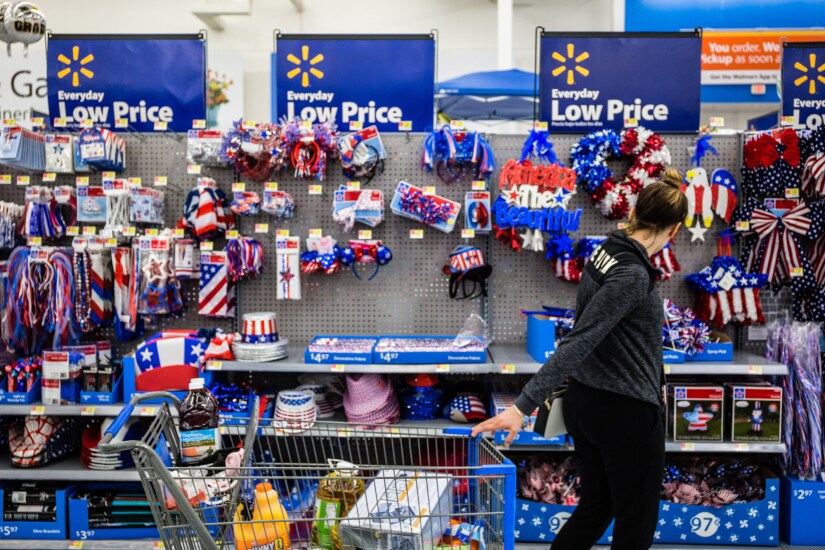 A customer views American flag themed decorations for sale at a Walmart Inc. store in Secaucus, New Jersey.