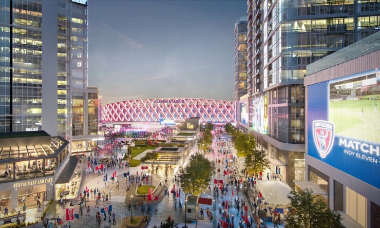 Rendering of planned soccer stadium in Indianapolis and surrounding planned development.