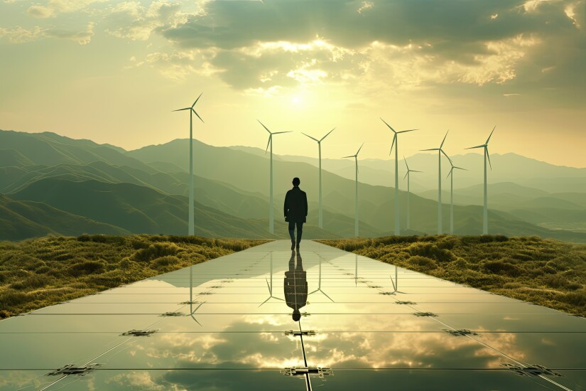 Man standing in front of wind farm