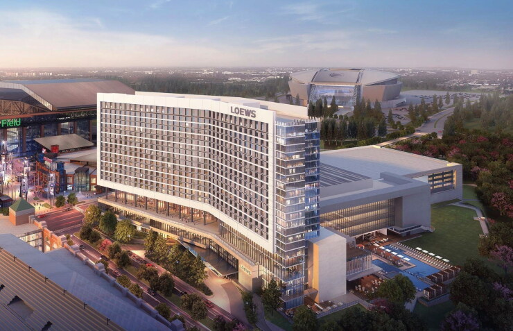 A rendering of a Loews hotel to be built next to the new Texas Rangers baseball stadium in Arlington.