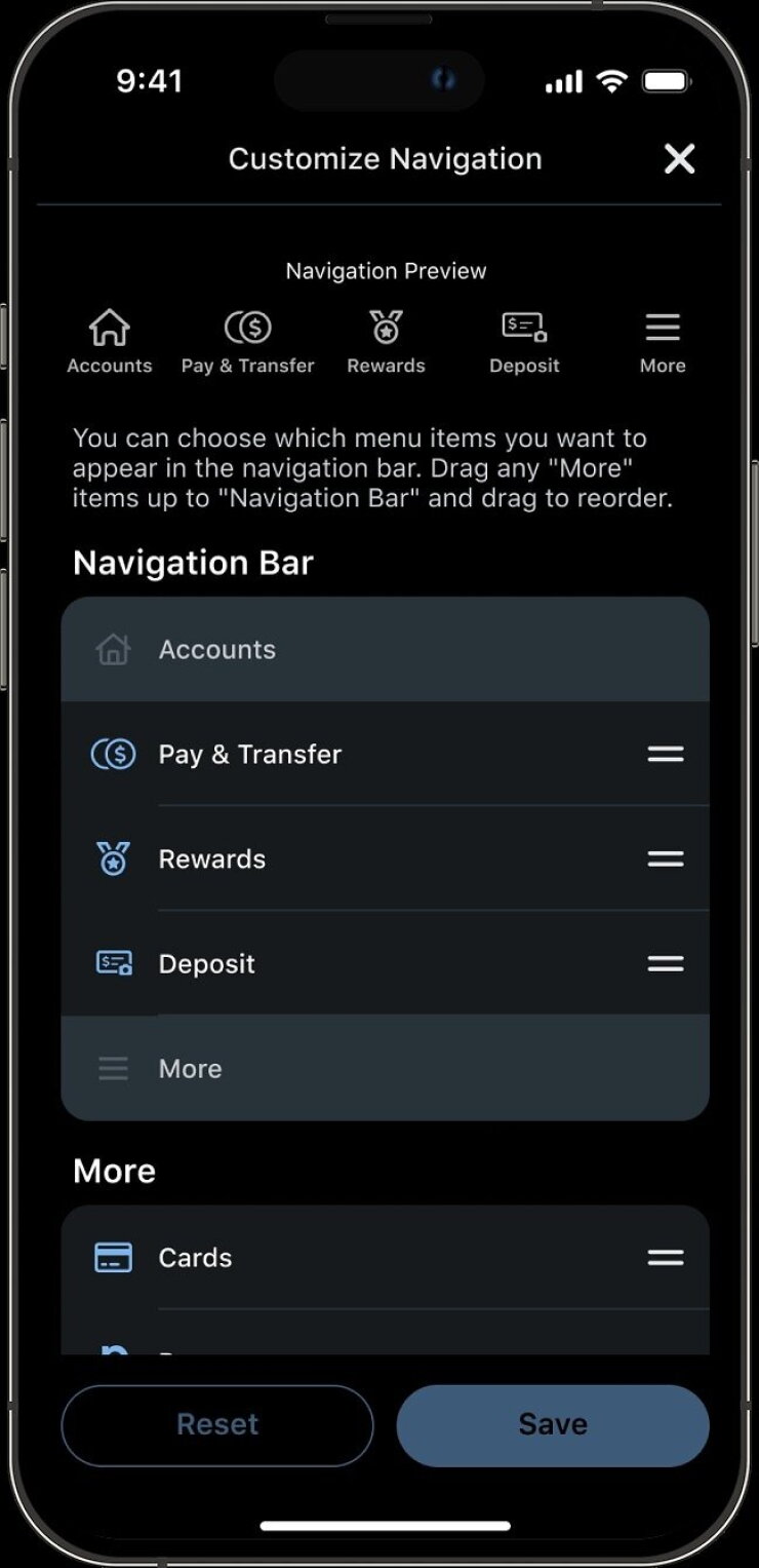 Mobile app screen showing a 'Customize Navigation' page with draggable list items to reorder the bottom menu bar.