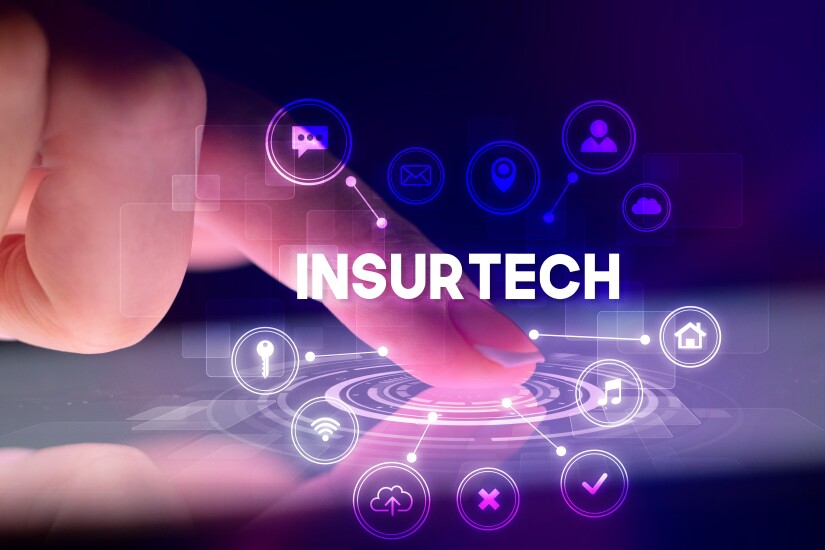 A finger pressing an icon with an insurtech graphic