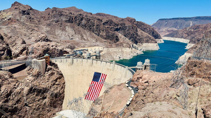 Hoover Dam, with Lake Mead behind it, showing low water level