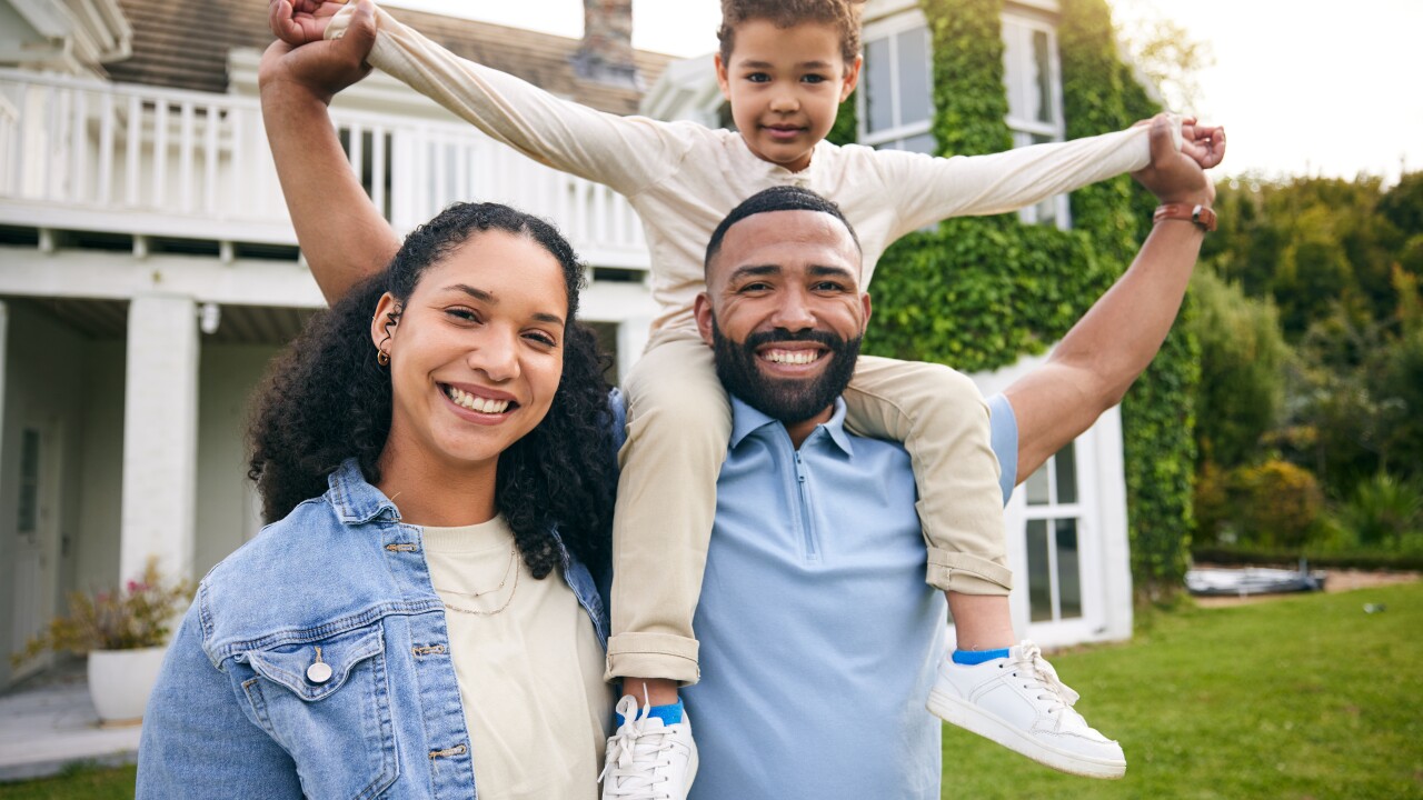 Parents, kids and family at outdoor house in real estate, property investment and holiday or vacation. Mansion, dream home and happy people, mother and mother or child piggyback portrait in backyard