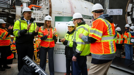 Sen. Cory Booker, New Jersey Gov. Mikie Sherrill, New York Gov. Kathy Hochul, and Sen. Chuck Schumer at ceremony for Gateway Program Hudson Tunnel Project in North Bergen, New Jersey.