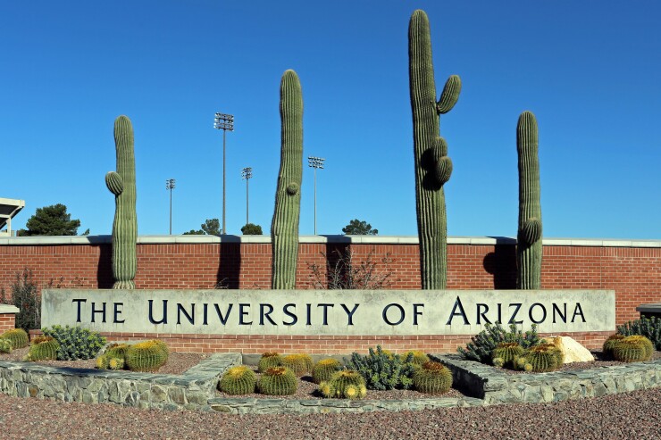 A University of Arizona sign, with cacti behind it.