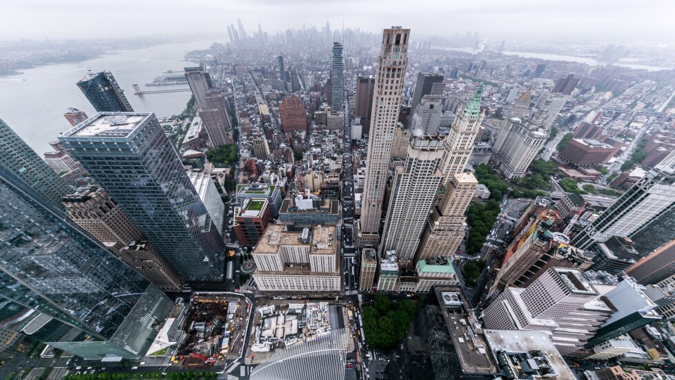 The Manhattan skyline seen from windows on the 76th floor of the 3 World Trade Center building in New York.