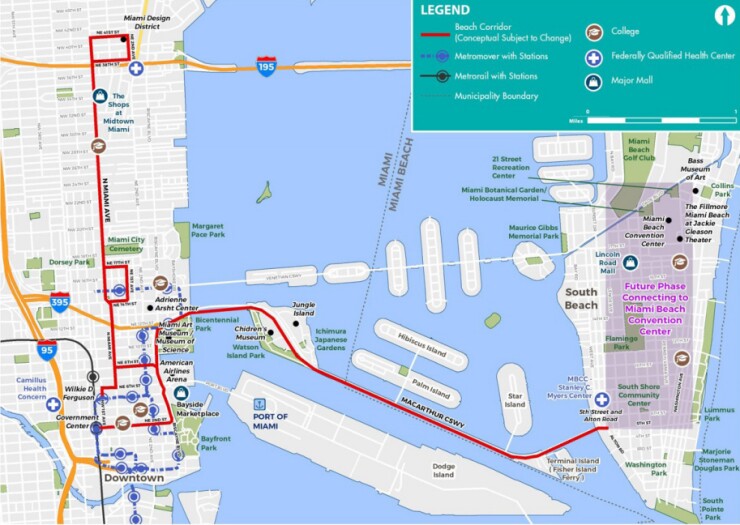 Map of the planned transit/transportation corridor linking Miami and Miami Beach, Florida.