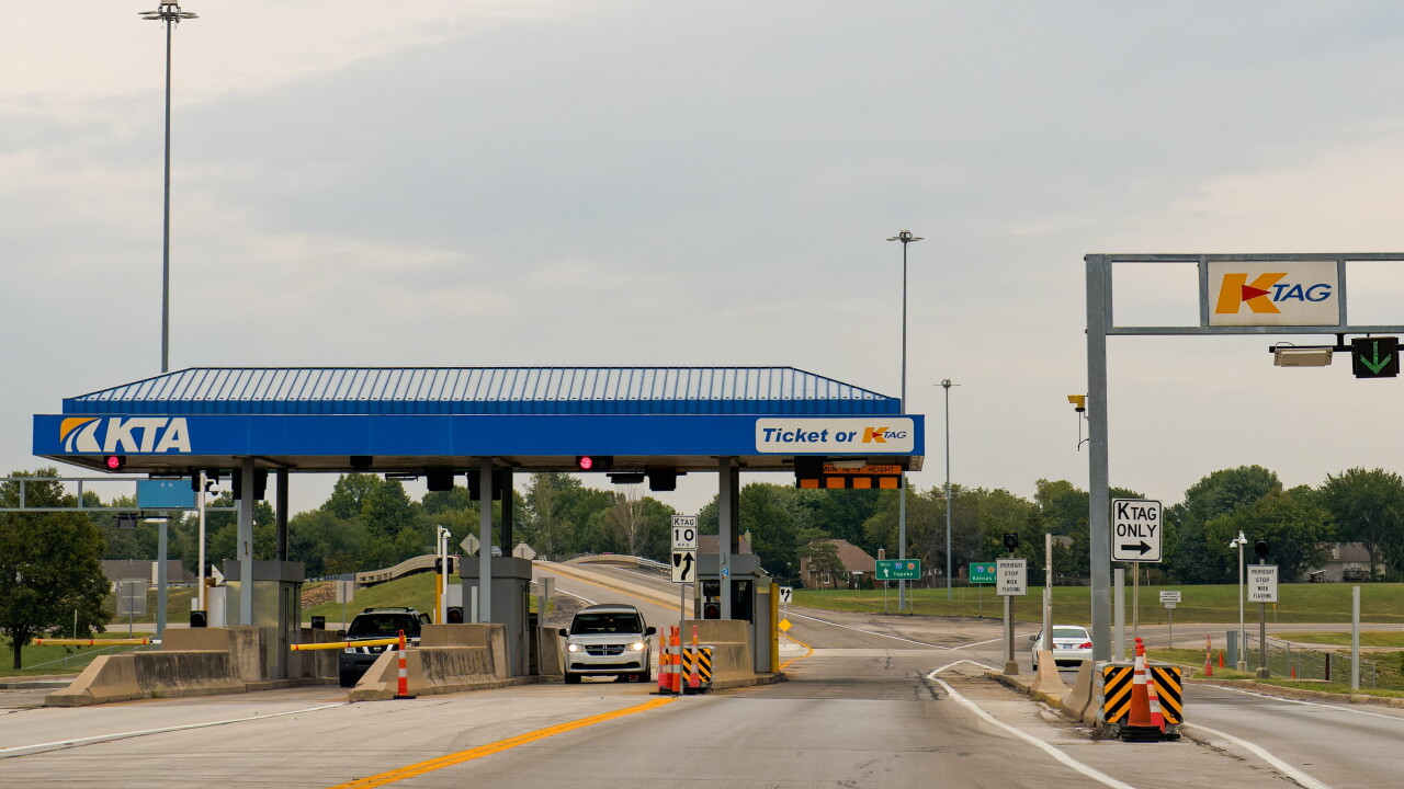 Kansas Turnpike Authority toll plaza in Lawrence, Kansas.