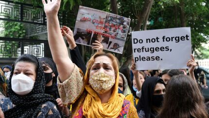 Demonstrators protest against Taliban rule in Afghanistan and the treatment of Afghan asylum seekers in India outside the office of the United Nations High Commission for Refugees in New Delhi, India, on Monday, Aug. 23, 2021.
