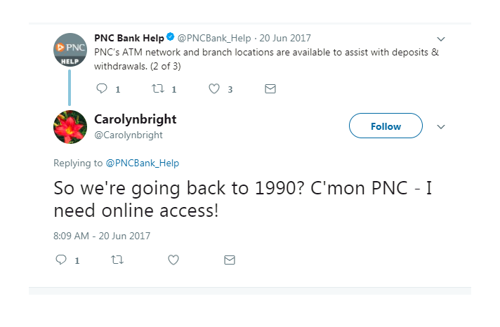 Angry tweet from customer to PNC