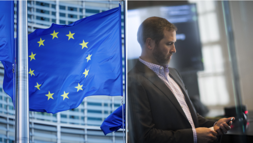A Diptych of the European Union flag and Ripple Labs CEO Brad Garlinghouse
